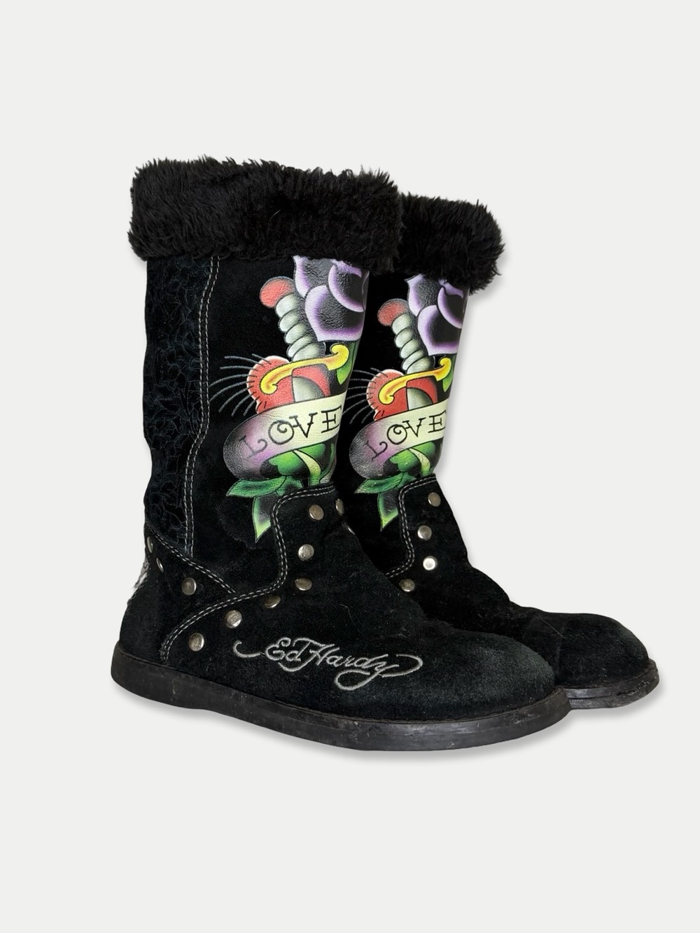 Ed Hardy Women’s Size 5 Black Suede Faux Fur Tattoo Love Life Boots Y2K